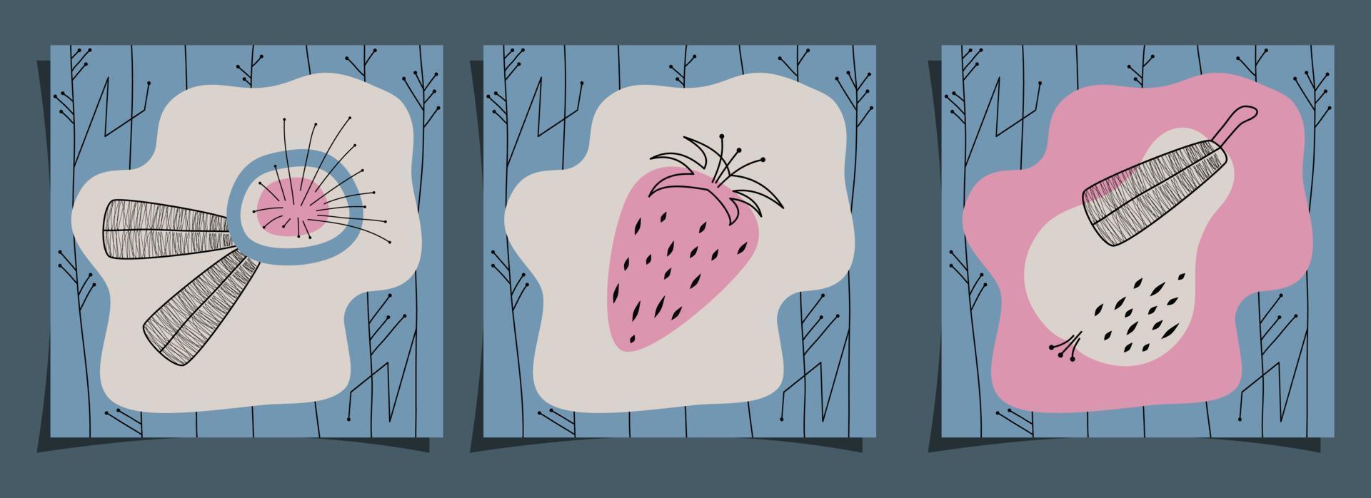 un ensemble de couvertures avec des fruits et une fleur dans un style moderne du milieu du siècle. style rétro vintage avec rayures et étoiles électriques. illustration vectorielle vecteur