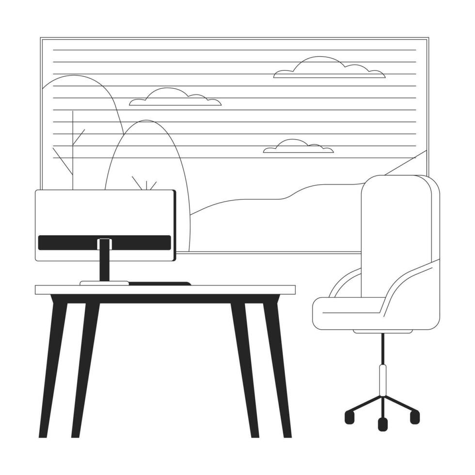 lieu de travail confortable noir et blanc 2d ligne dessin animé objet. espace de travail table avec Bureau chaise près fenêtre isolé vecteur contour article. meubles La technologie monochromatique plat place illustration