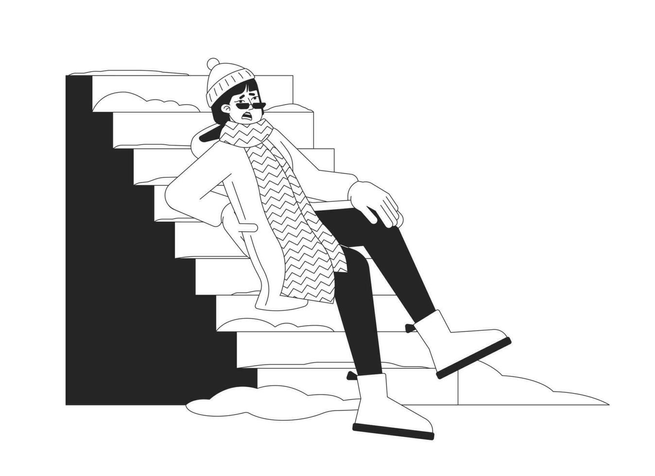 hiver tomber danger sur escaliers noir et blanc dessin animé plat illustration. blessé retour fille glisse sur Extérieur pas glacé 2d lineart personnage isolé. escalier avec neige monochrome vecteur contour image