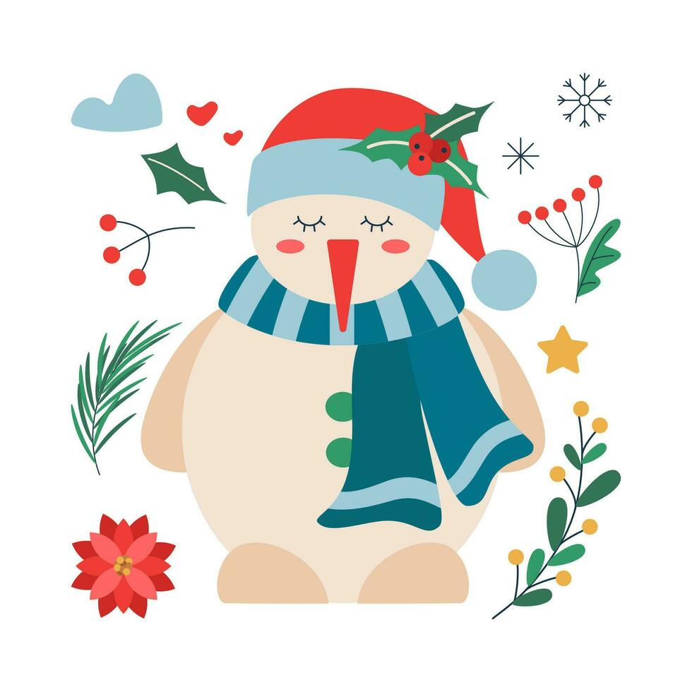 ensemble de Noël bonhomme de neige dans une écharpe et chapeau avec une brin de du gui et baies. vecteur