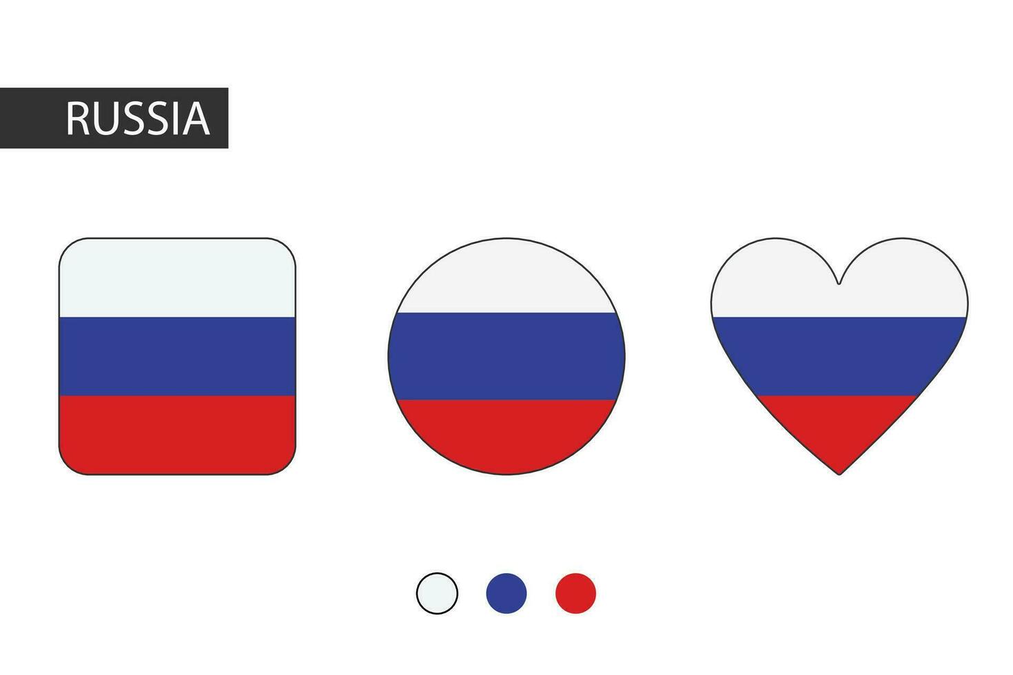 Russie 3 formes carré, cercle, cœur avec ville drapeau. isolé sur blanc Contexte. vecteur