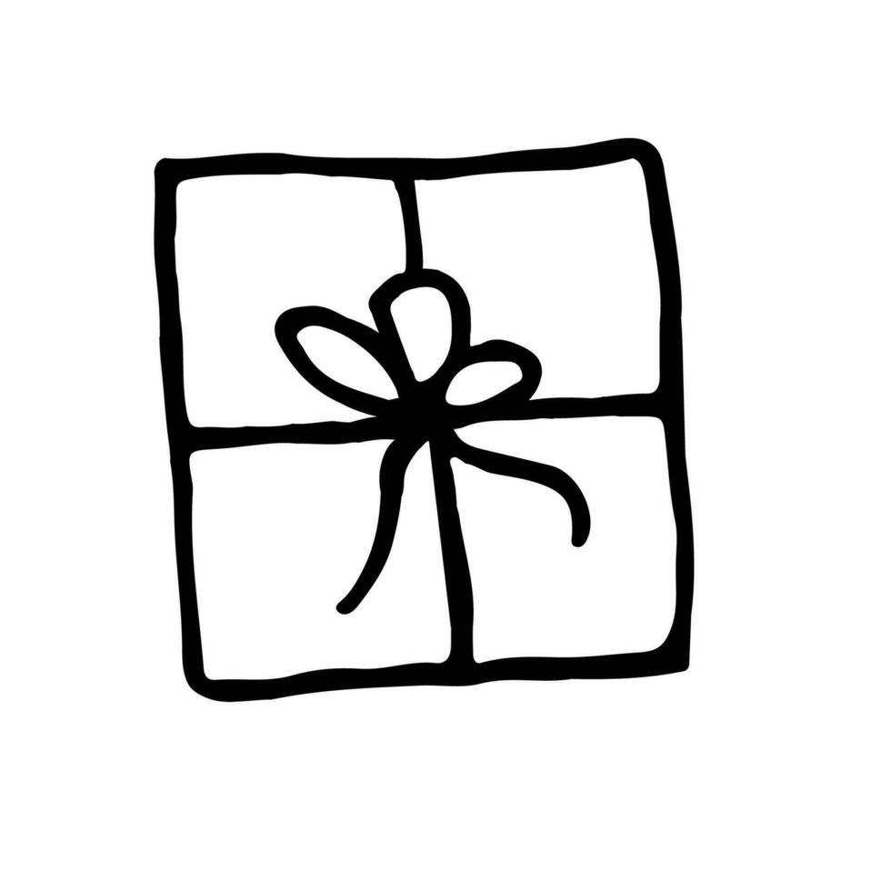 une cadeau boîte avec une ruban dessiné à la main sur une blanc Contexte. vecteur illustration dans une griffonnage style.