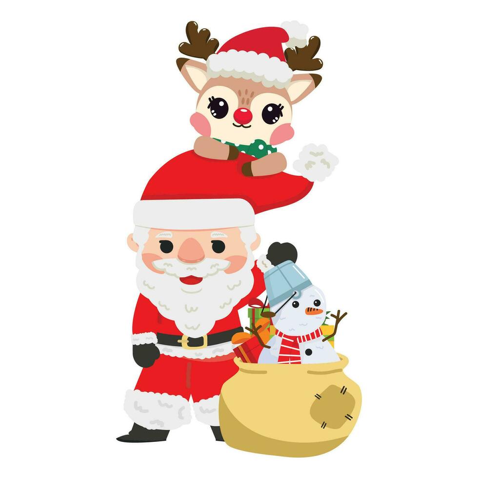 Père Noël claus cerf et bonhomme de neige pour Noël dessin animé vecteur