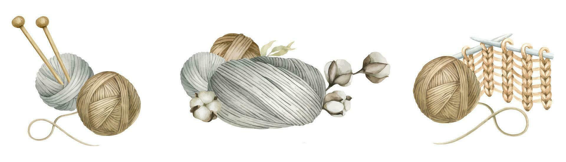 une ensemble de des balles de fil, des balles de laine, écheveaux de fil, en bois tricot aiguilles, ciseaux. isolé aquarelle illustrations. pour produit emballage conception, tricoteuse blog, couture boutique vecteur