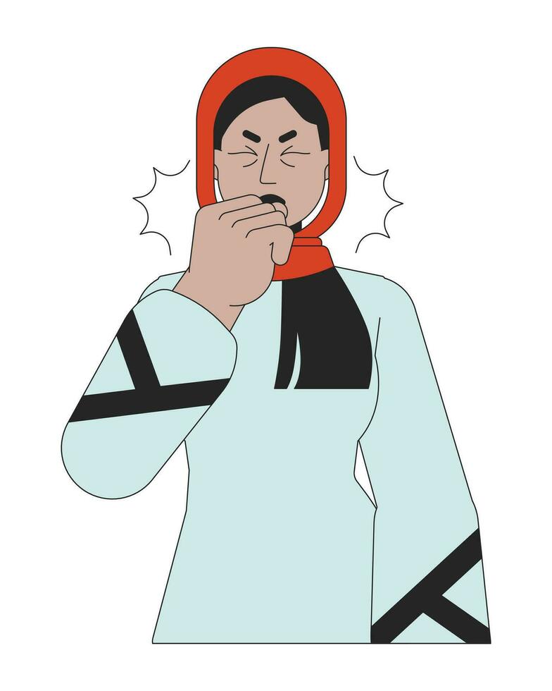 musulman hijab femme asthme attaque 2d linéaire dessin animé personnage. chronique sec tousser femelle milieu est isolé ligne vecteur la personne blanc Contexte. respiration sifflante symptôme Couleur plat place illustration