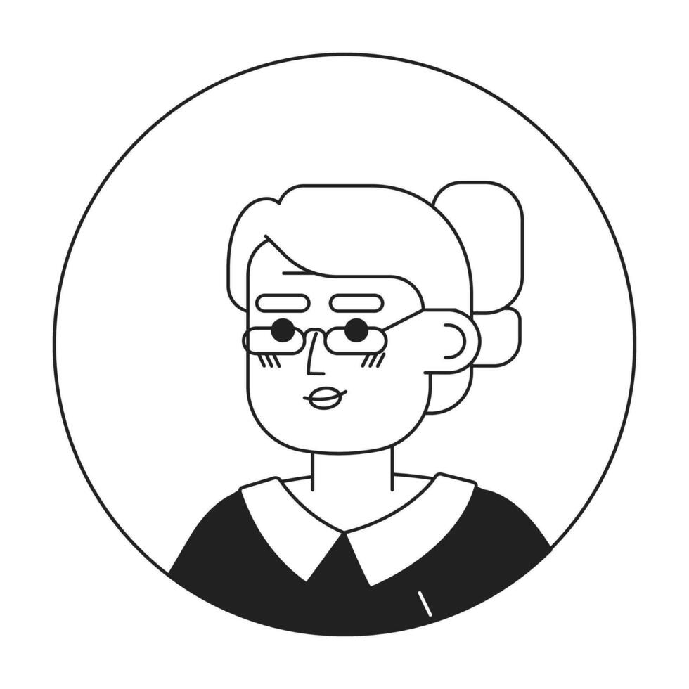 lunettes asiatique grand-mère détendu souriant noir et blanc 2d vecteur avatar illustration. posant Japonais personnes âgées Dame contour dessin animé personnage visage isolé. décontractée photo du visage portrait plat portrait