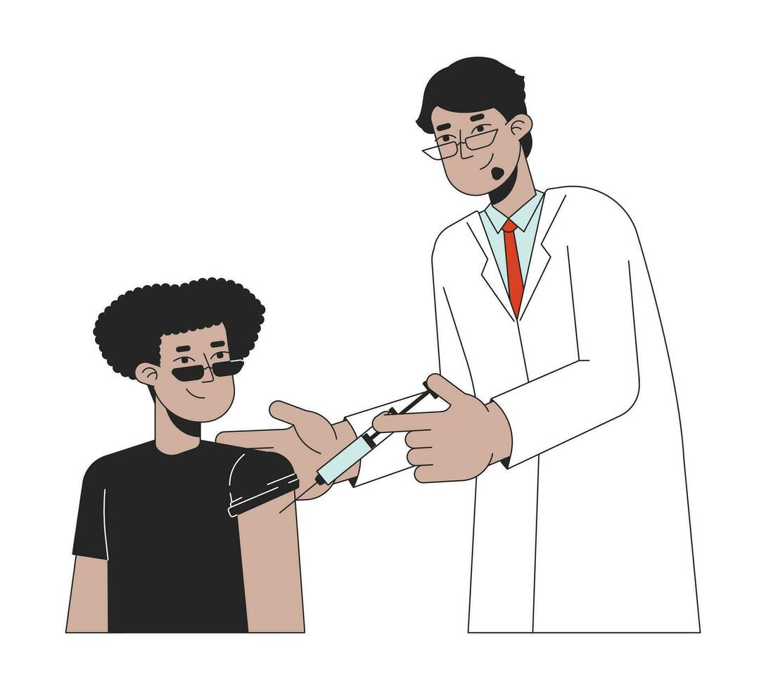 latino étudiant immunisation Masculin médecin 2d linéaire dessin animé personnages. hispanique garçon avoir grippe coup isolé ligne vecteur gens blanc Contexte. vaccin inoculation Couleur plat place illustration