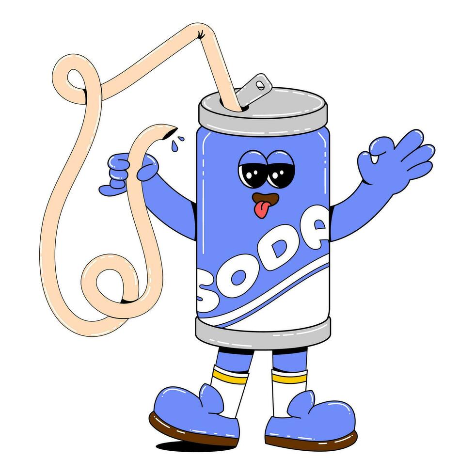 un soda personnage dans rétro dessin animé style.vecteur illustration de mignonne étain pouvez avec marrant affronter, bras et jambes sur isolé blanc Contexte. vecteur