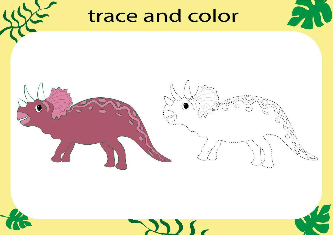 trace et Couleur le dessin animé dinosaure. écriture entraine toi pour enfants. éducatif feuille de travail pour les enfants. imprimable feuille de travail. vecteur illustration.