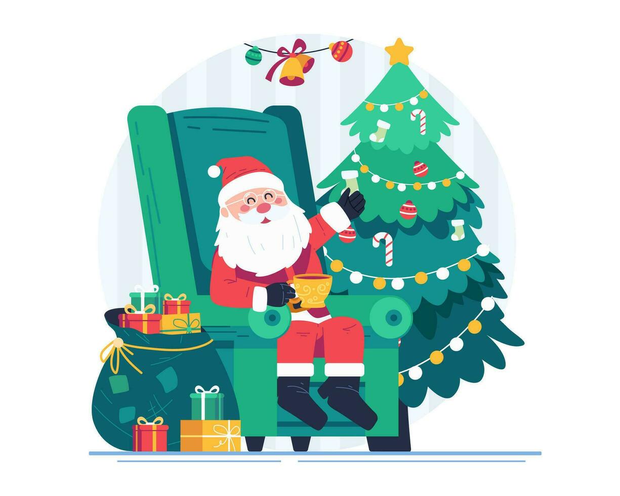 Père Noël claus séance sur le sien fauteuil en buvant une chaud boisson avec une sac plein de cadeaux et une Noël arbre. joyeux Noël illustration vecteur