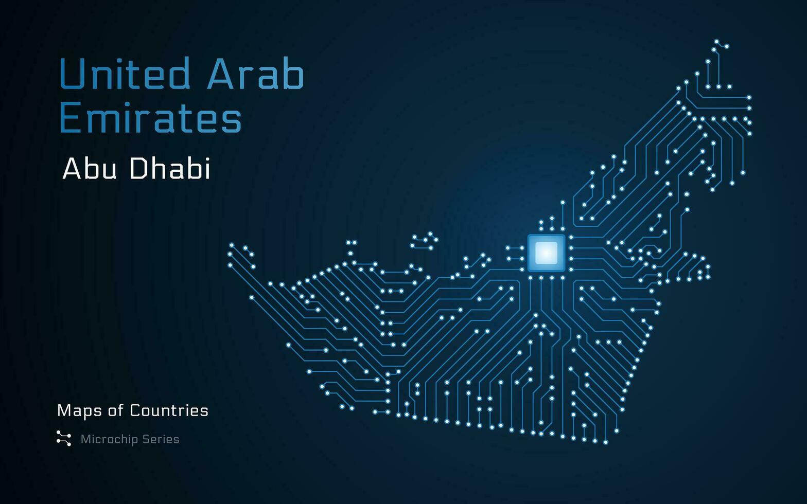 uni arabe émirats, embrasé carte avec une Capitale de abu dhabi montré dans une puce électronique modèle. gouvernement électronique. monde des pays vecteur Plans. puce électronique séries