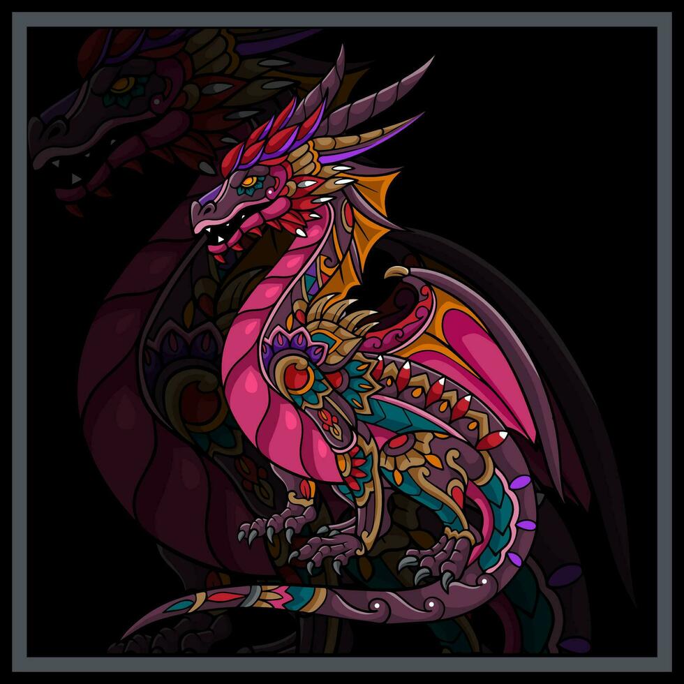 coloré dragon mandala les arts isolé sur noir Contexte vecteur