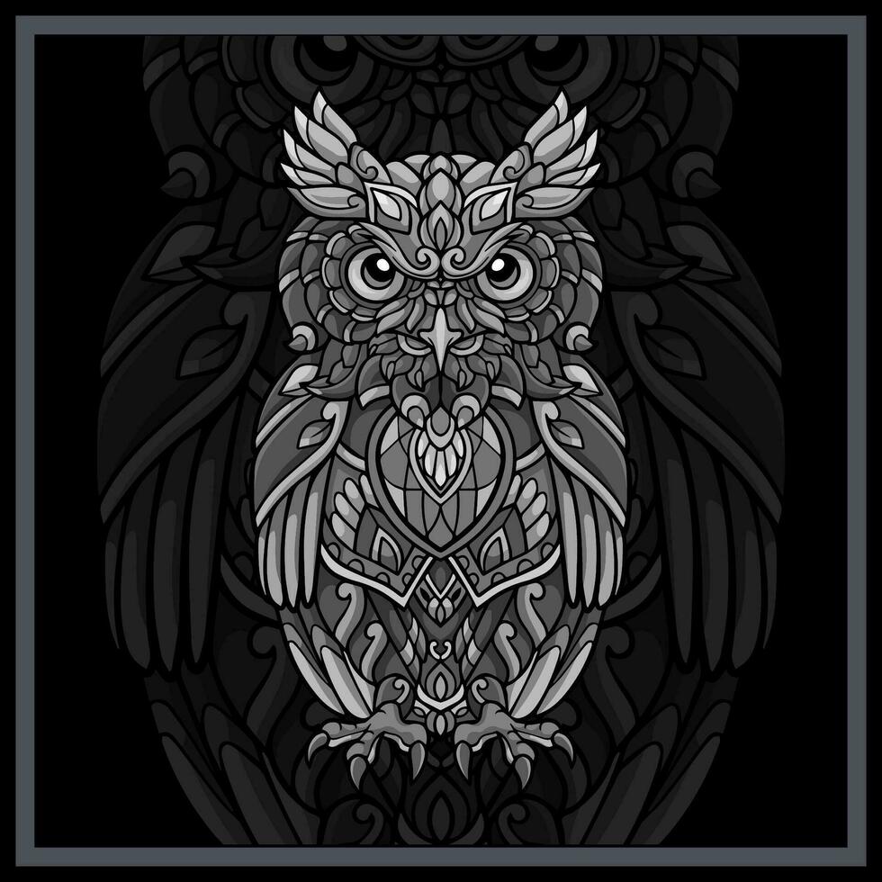 monochrome hibou oiseau mandala les arts isolé sur noir Contexte vecteur