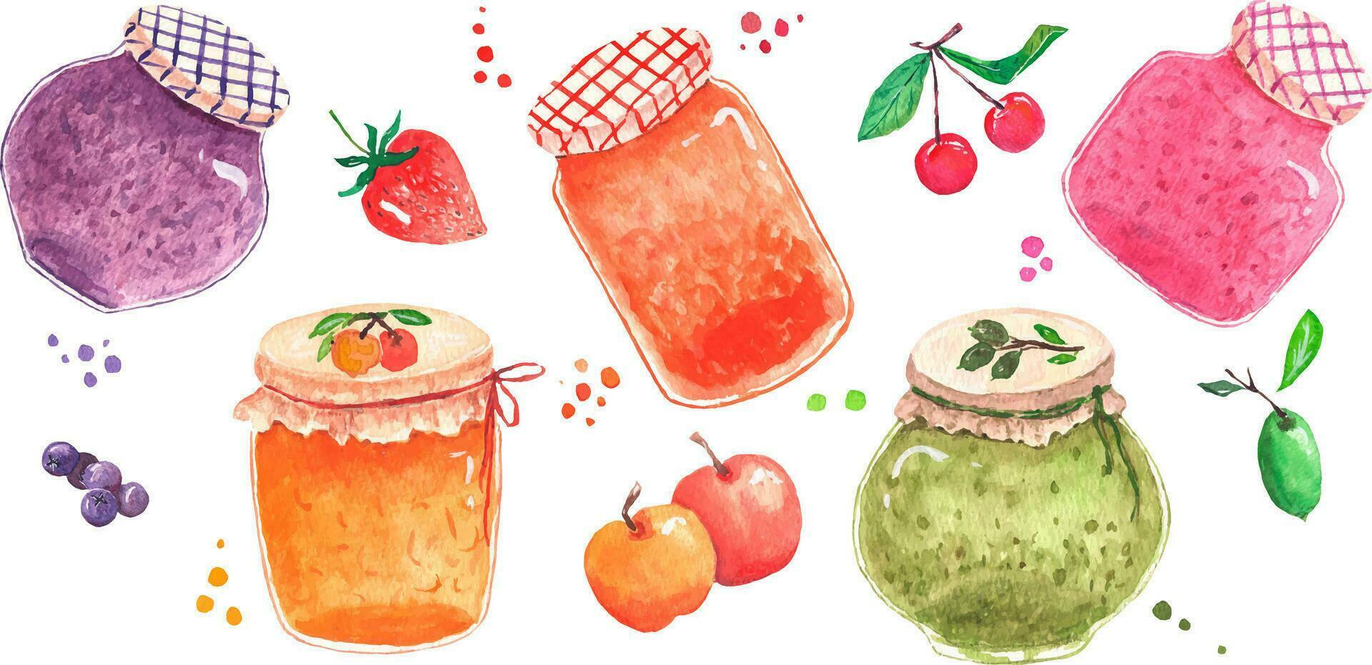 collection de 18 éléments. Confiture, des fruits sont peint avec aquarelles. vous pouvez créer motifs et cartes toi même vecteur