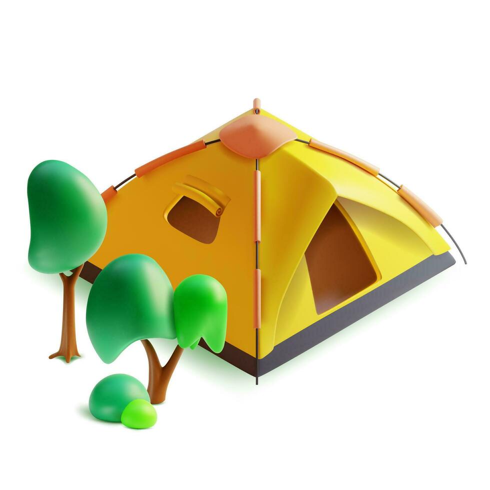 3d Jaune camping tente textile avec arbre et buisson dessin animé style. vecteur