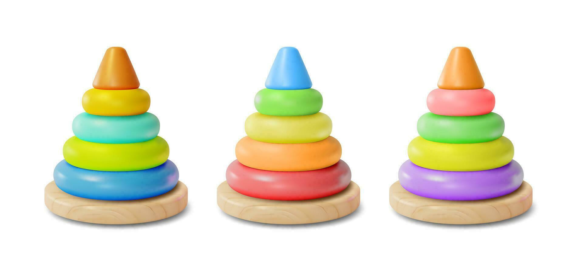 3d différent Couleur enfant pyramide jouet ensemble dessin animé style. vecteur