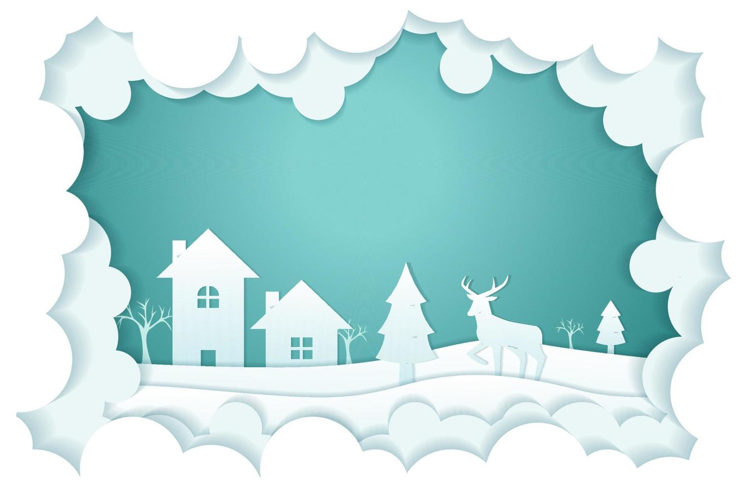 maison cerf arbre nuage hiver papier découpé illustration de style découpé vecteur