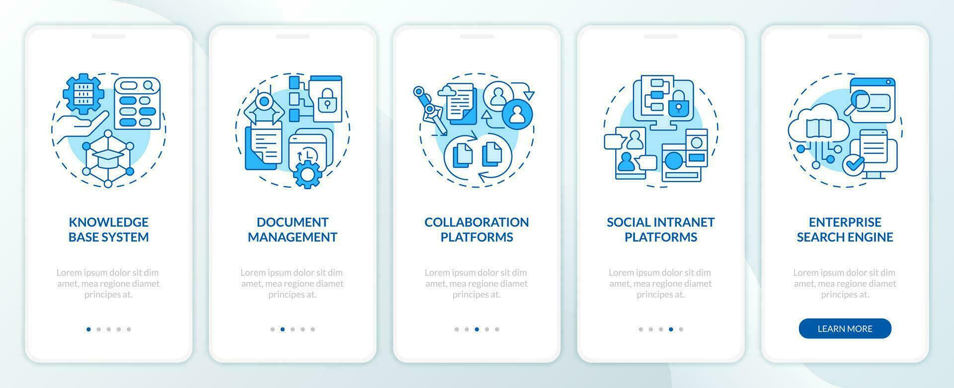 2d bleu mince ligne Icônes représentant connaissance la gestion mobile app écran ensemble. 5 pas graphique instructions, interface utilisateur, ux, gui modèle. vecteur