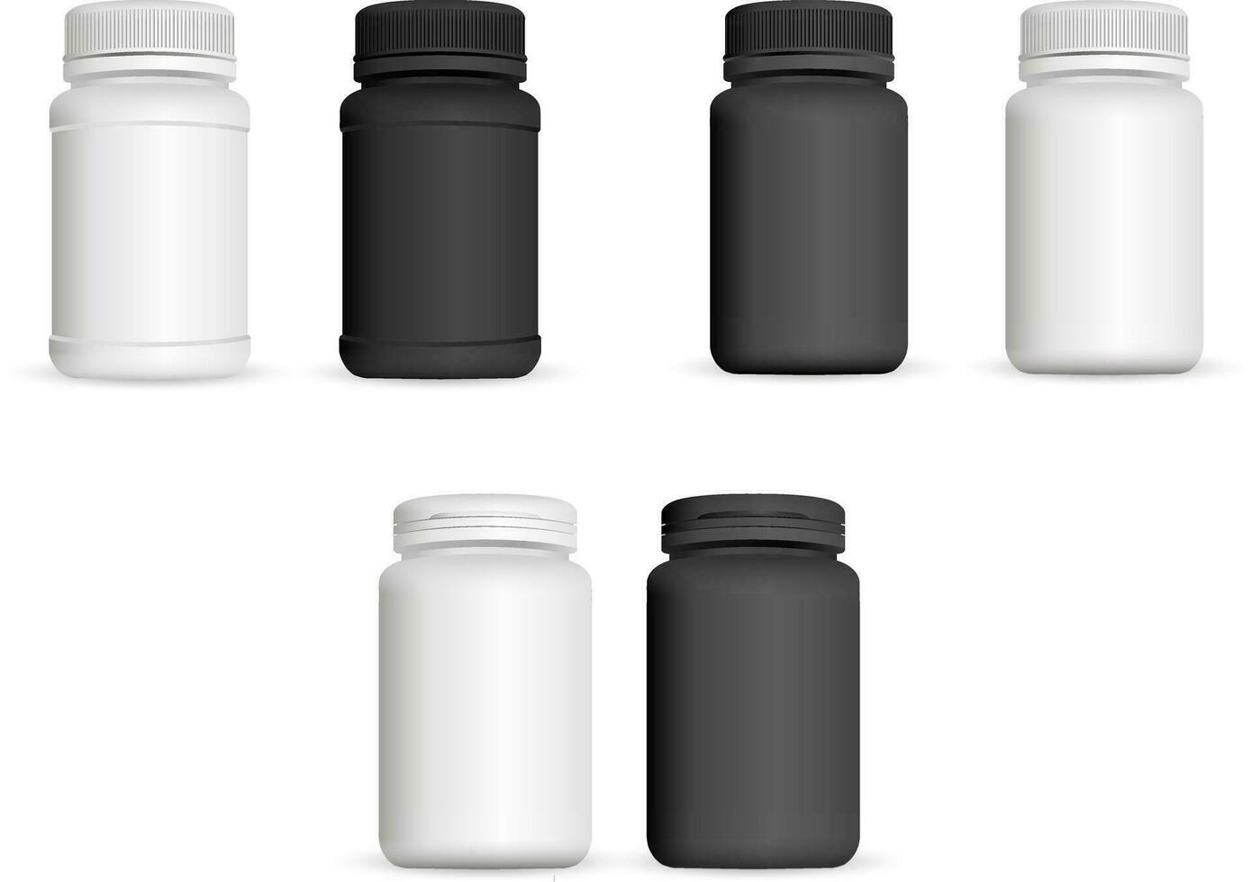 réaliste médicament bouteilles ensemble. pharmaceutique et en bonne santé produit maquette modèle. noir et blanc Couleur Plastique pots pour capsule, pilules, vitamine. vecteur illustration.