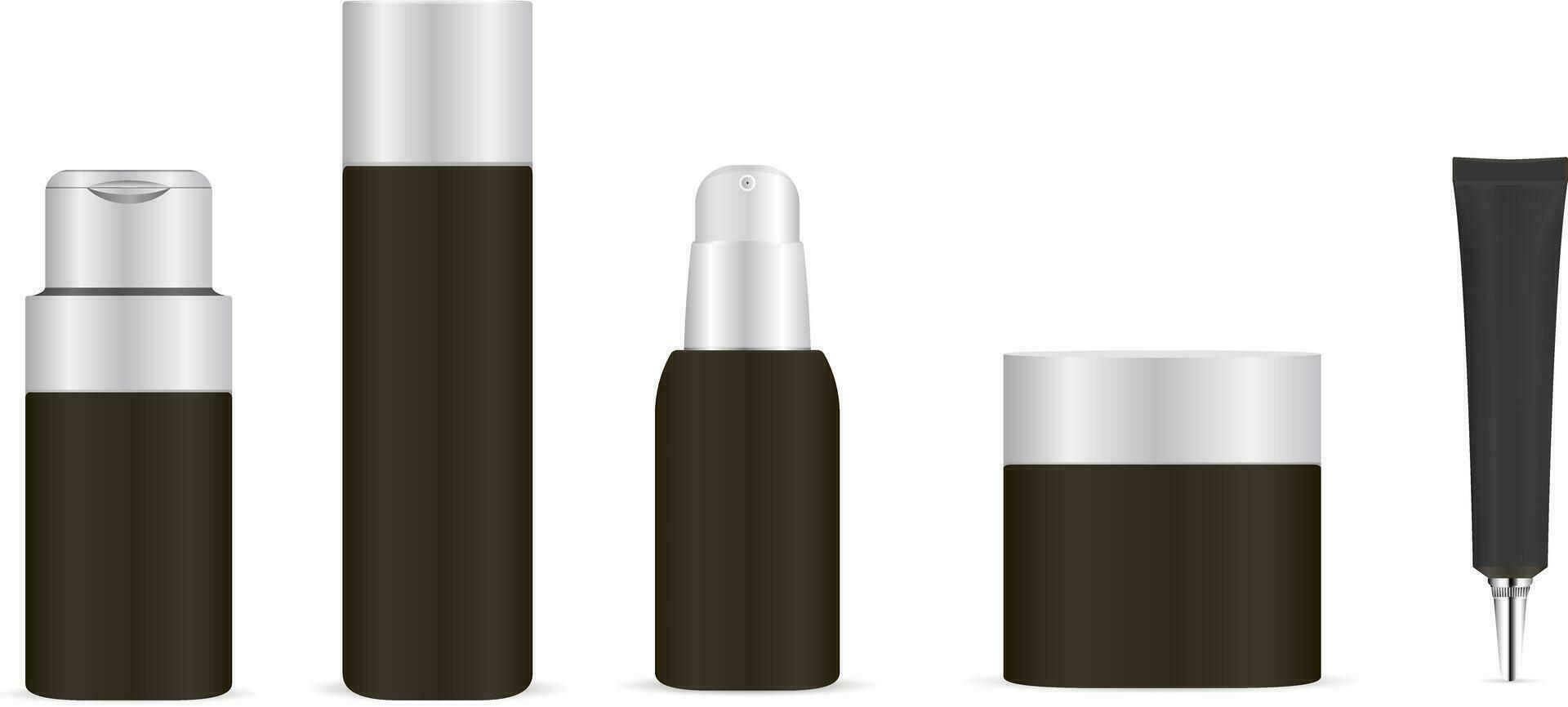 noir cosmétique bouteilles ensemble. crème pot, shampooing récipient, mousse distributeur, base tube. vecteur moquer en haut illustration. eps10