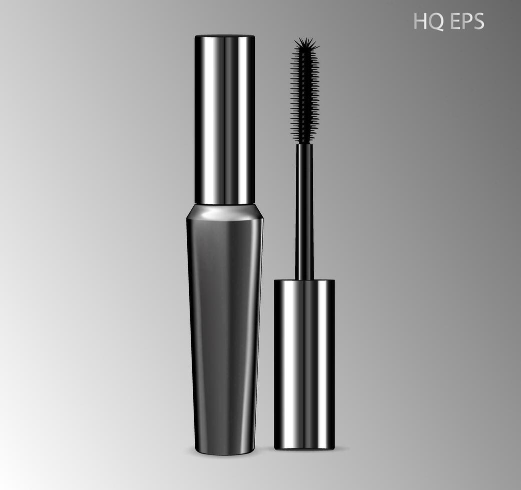 luxe mascara les publicités argent paquet avec cil applicateur brosse. eye-liner conception promotion produit. 3d réaliste cosmétique vecteur illustration.