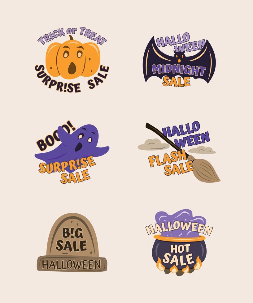 ensemble d'étiquettes d'halloween dessinées à la main avec des mots de vente et des éléments effrayants. vecteur