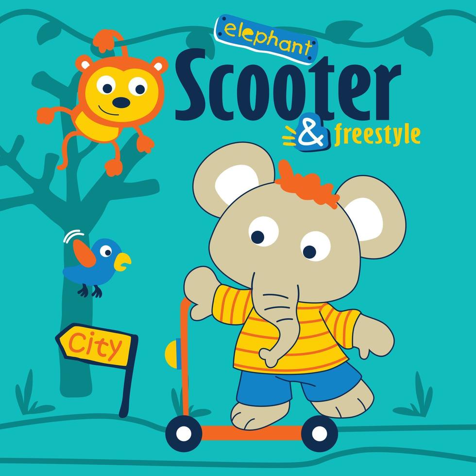 éléphant jouant au scooter drôle de bande dessinée vecteur