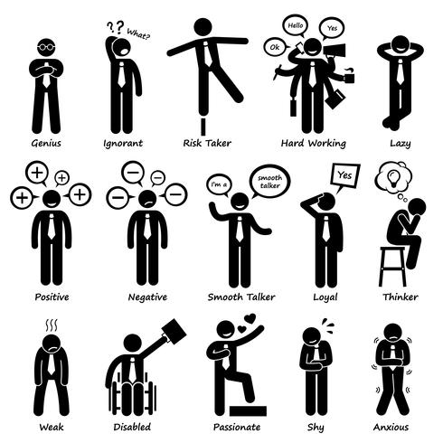 Homme d&#39;affaires attitude Personnalités personnages Stick Figure Icônes de pictogramme. vecteur