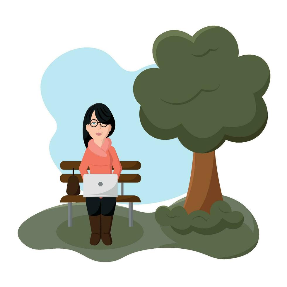 content fille branché dessin animé avec une portable sur une parc banc vecteur illustration