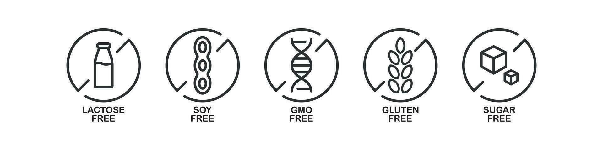 gluten, OGM, lactose, sucre, soja gratuit icône ensemble. allergène gratuit illustration symbole. signe régime nourriture vecteur