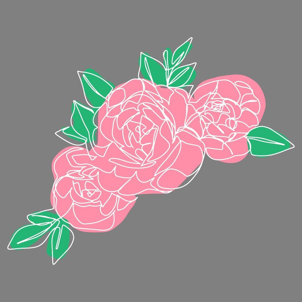 roses 3 bourgeons avec des feuilles isolées vecteur main une illustration de dessin au trait rose et vert