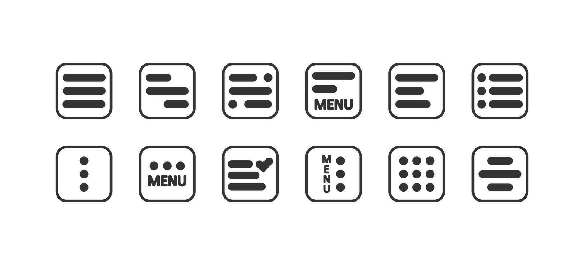 ui menu icône ensemble. hamburger mobile boutons symbole. signe app boutons vecteur plat.