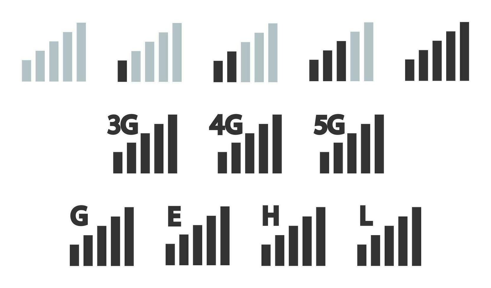 réseau icône 3g, 4g, 5g, g, e, h, l. mobile antenne niveau symbole. signe téléphone intelligent signal vecteur. vecteur