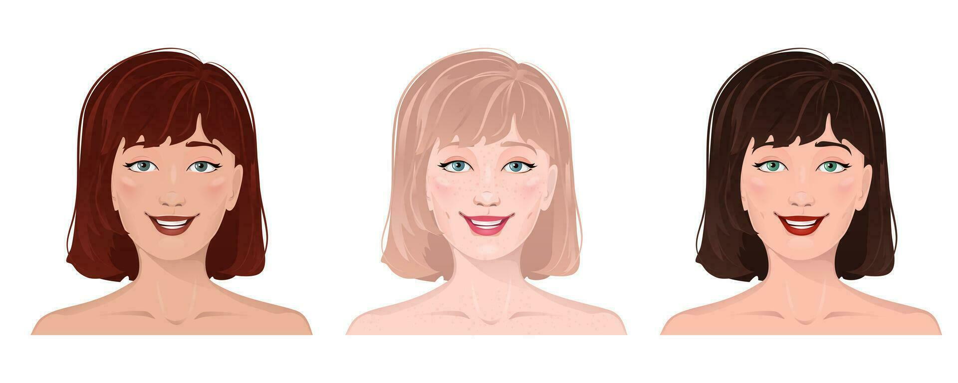 visage portrait de femmes avec différent peau et cheveux. faciale expression avec geste isolé vecteur illustration. avatar pour une social réseau. vecteur plat illustration, la toile, beauté et faire en haut.