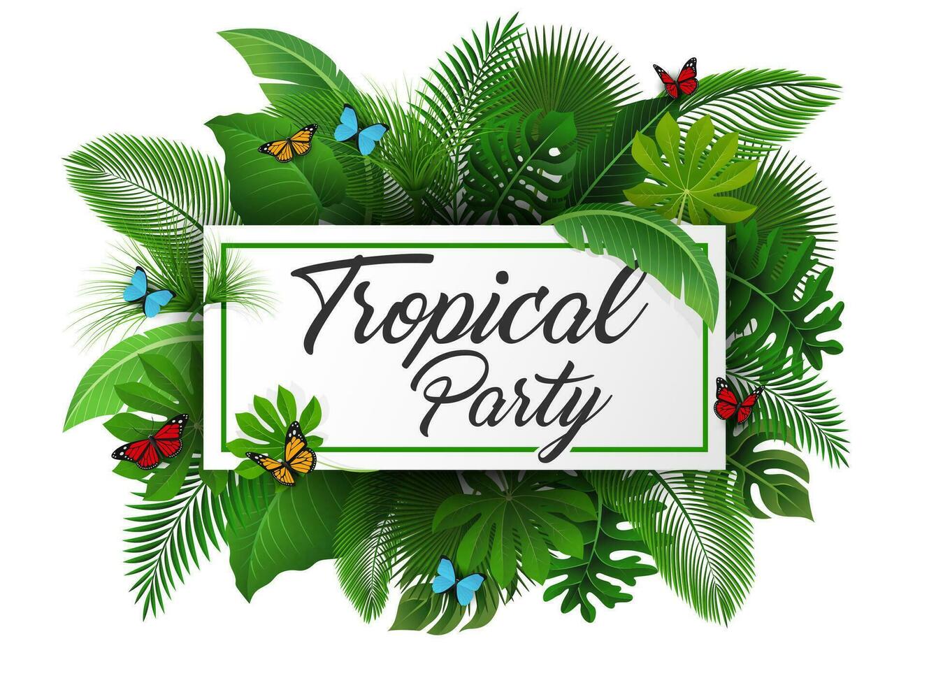 tropical fête signe avec tropical feuilles et papillons. adapté pour été concept, vacances, et été vacances, vecteur illustration