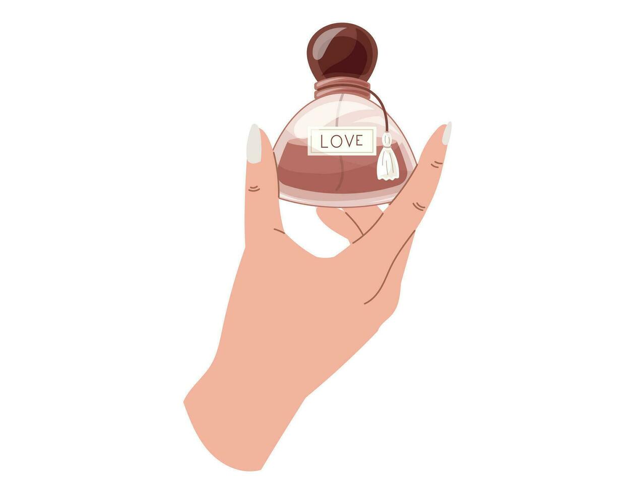 élégant femelle mains avec manucure en portant une verre rouge bouteille de parfum. vecteur isolé mode illustration, parfumé eau de parfum.