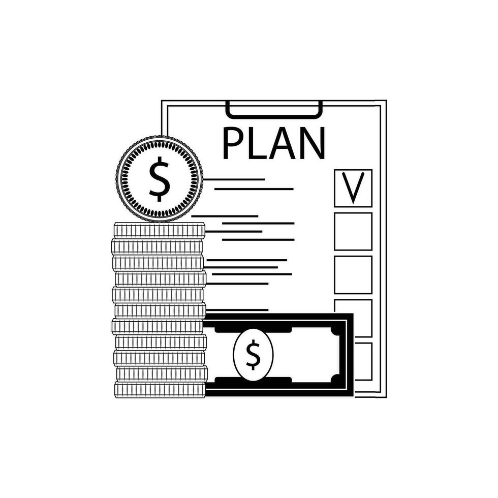 la finance plan concept ligne style. liste de contrôle Planification et argent pièces de monnaie billet de banque. vecteur illustration