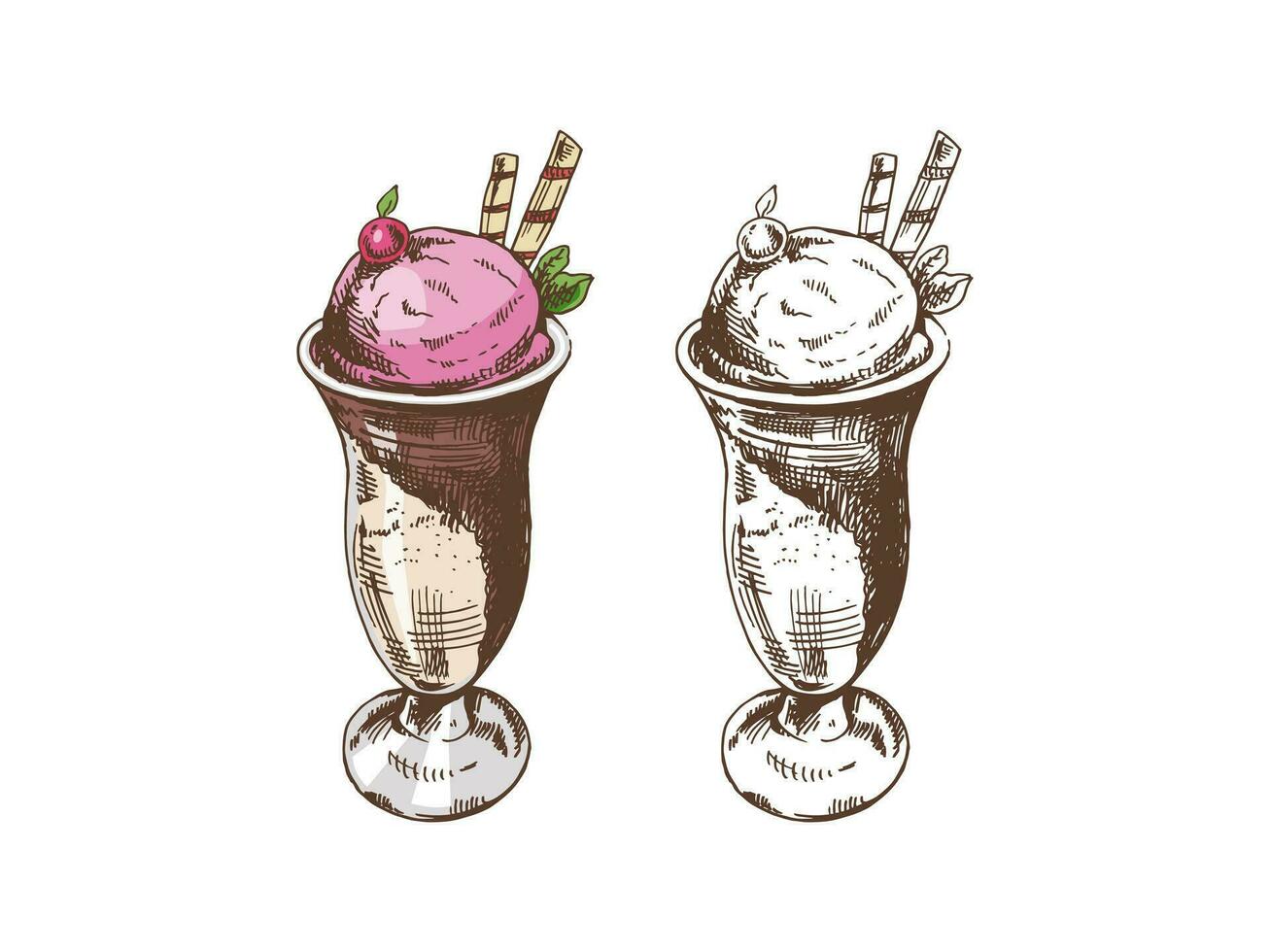 une dessiné à la main coloré et monochrome esquisser de la glace crème des balles dans une tasse avec gaufre tubes et cerise. ancien illustration. élément pour le conception de Étiquettes, emballage et cartes postales. vecteur