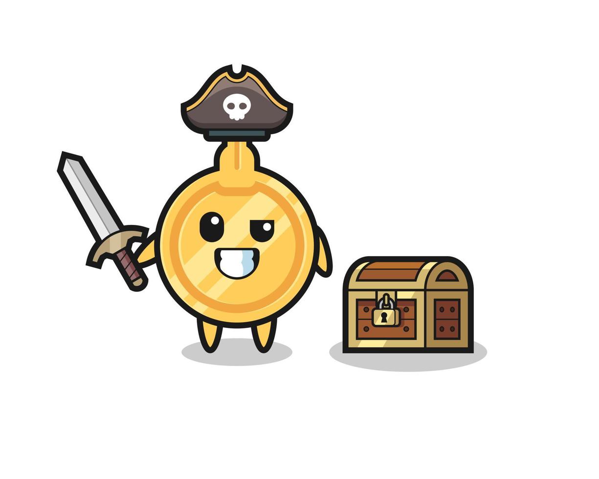 le personnage clé de pirate tenant une épée à côté d'un coffre au trésor vecteur