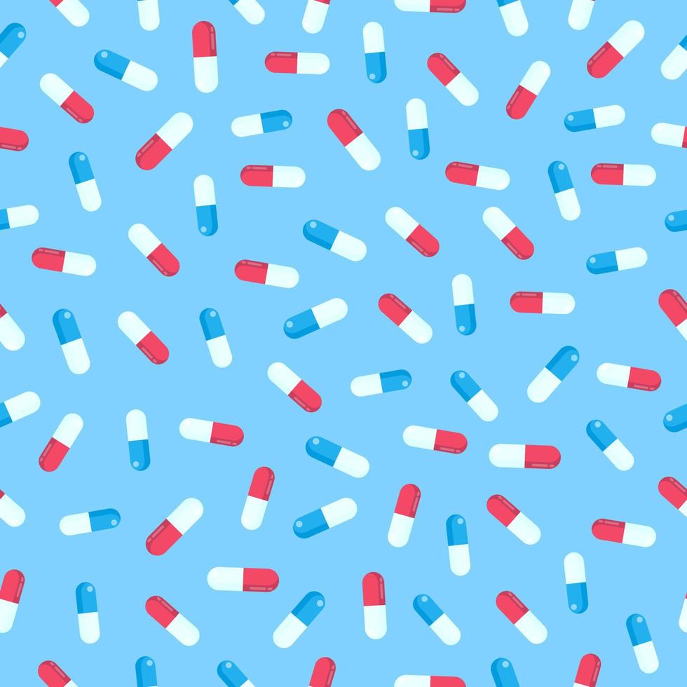 modèle sans couture avec des capsules de pilules version chaotique illustration vectorielle de conception de style plat isolé sur fond bleu clair. modèle d'arrière-plan transparent de fond de pilules rouges et bleues. vecteur