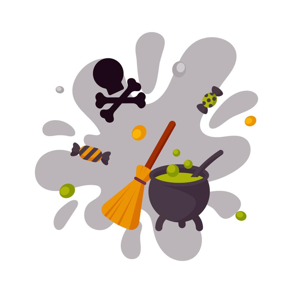 design d'halloween coloré avec un pot avec du poison, un balai, un crâne et des os. illustration vectorielle vecteur