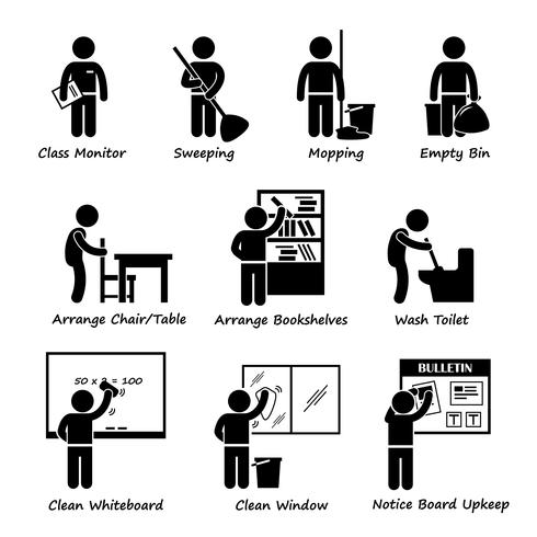 Classe étudiant devoir devoir figure bonhomme allumette pictogramme icône Clipart. Un ensemble de pictogrammes représentant la liste des tâches en classe pour les étudiants. vecteur