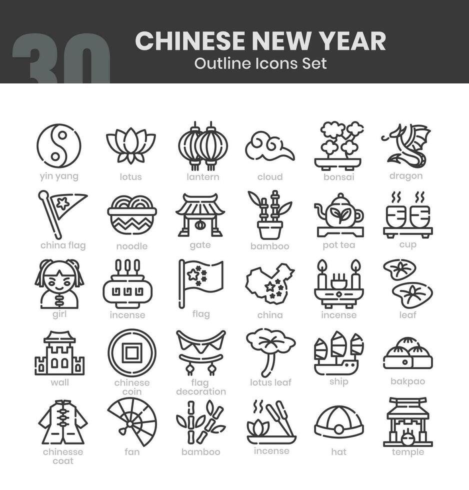 chinois Nouveau année Icônes empaqueter. mince contour icône style. vecteur illustration