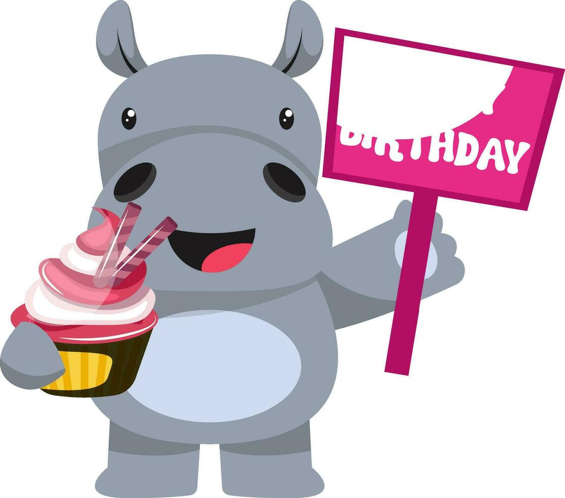 hippopotame avec gâteau, illustration, vecteur sur fond blanc.