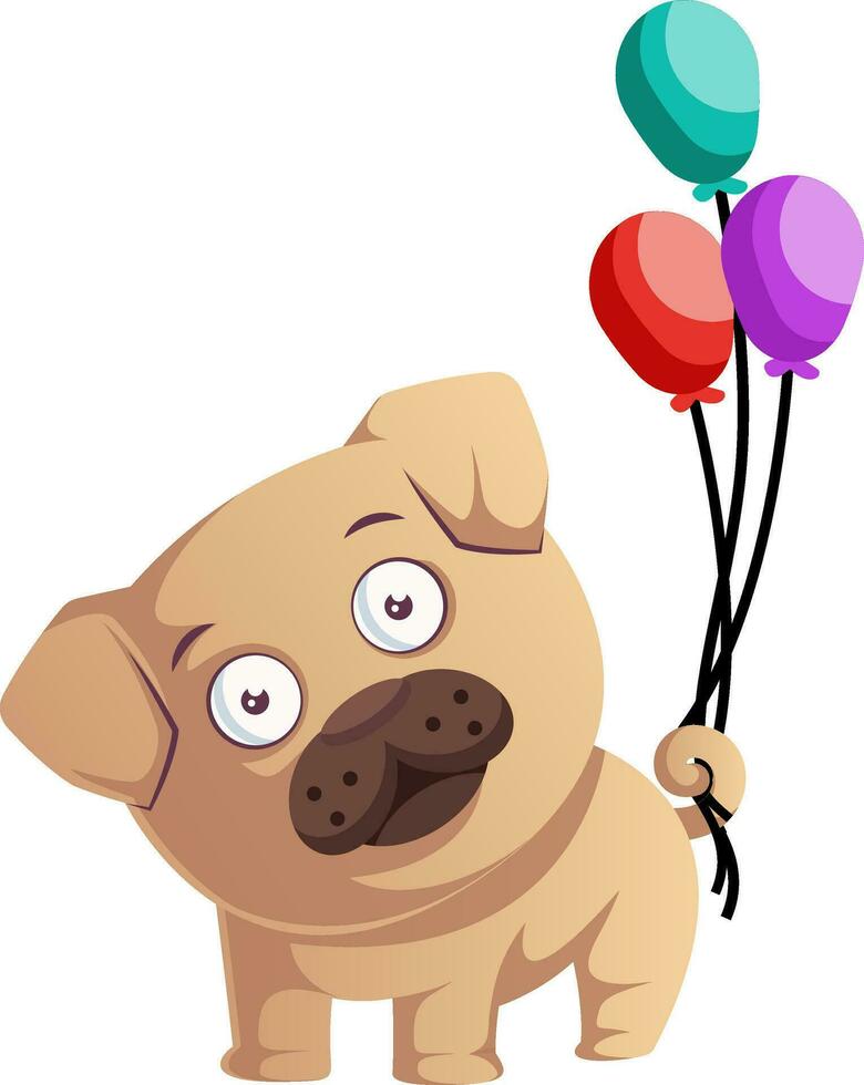 pug avec des ballons, illustration, vecteur sur fond blanc.