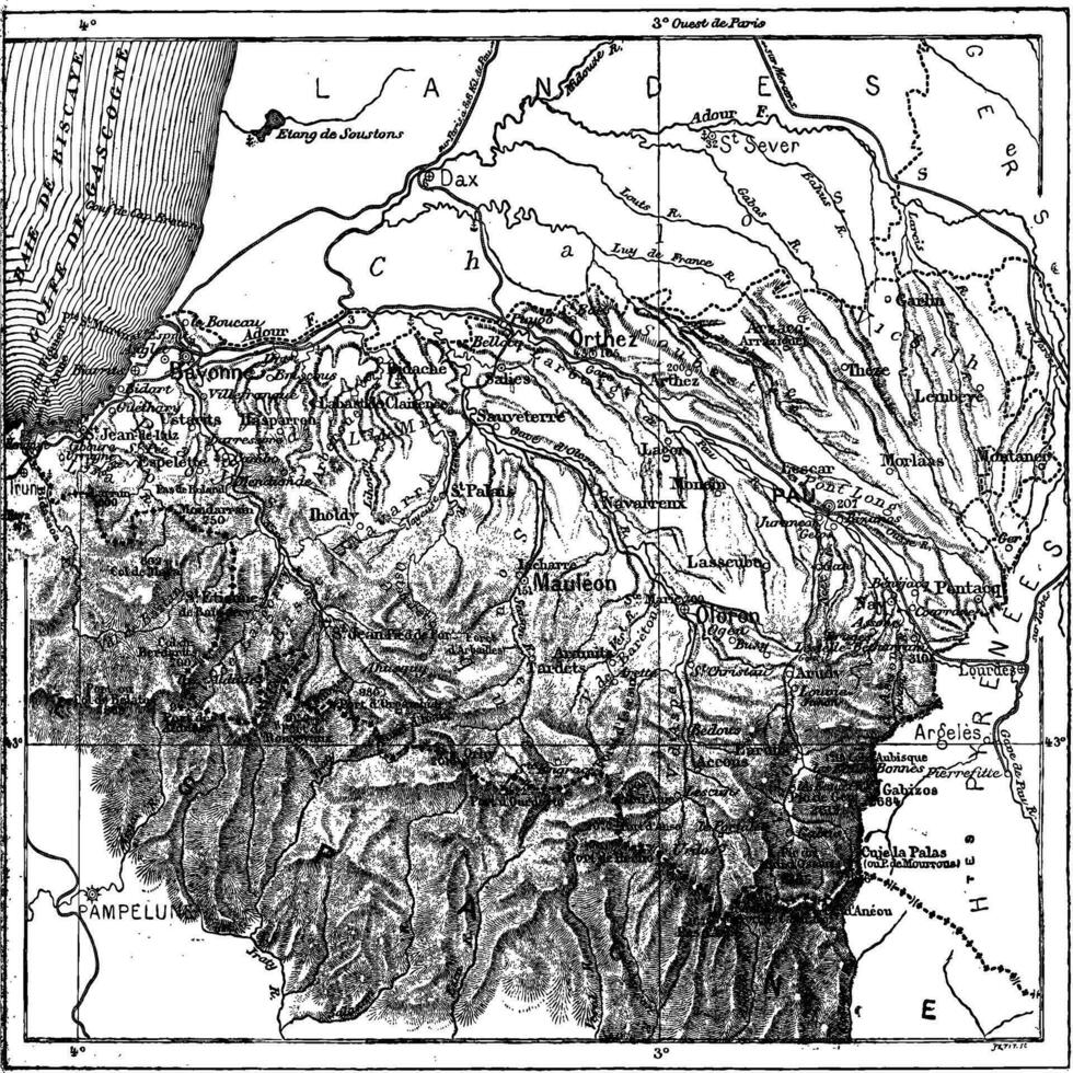 département de basses-pyrénées ou pyrnes-atlantiques, ancien gravure vecteur