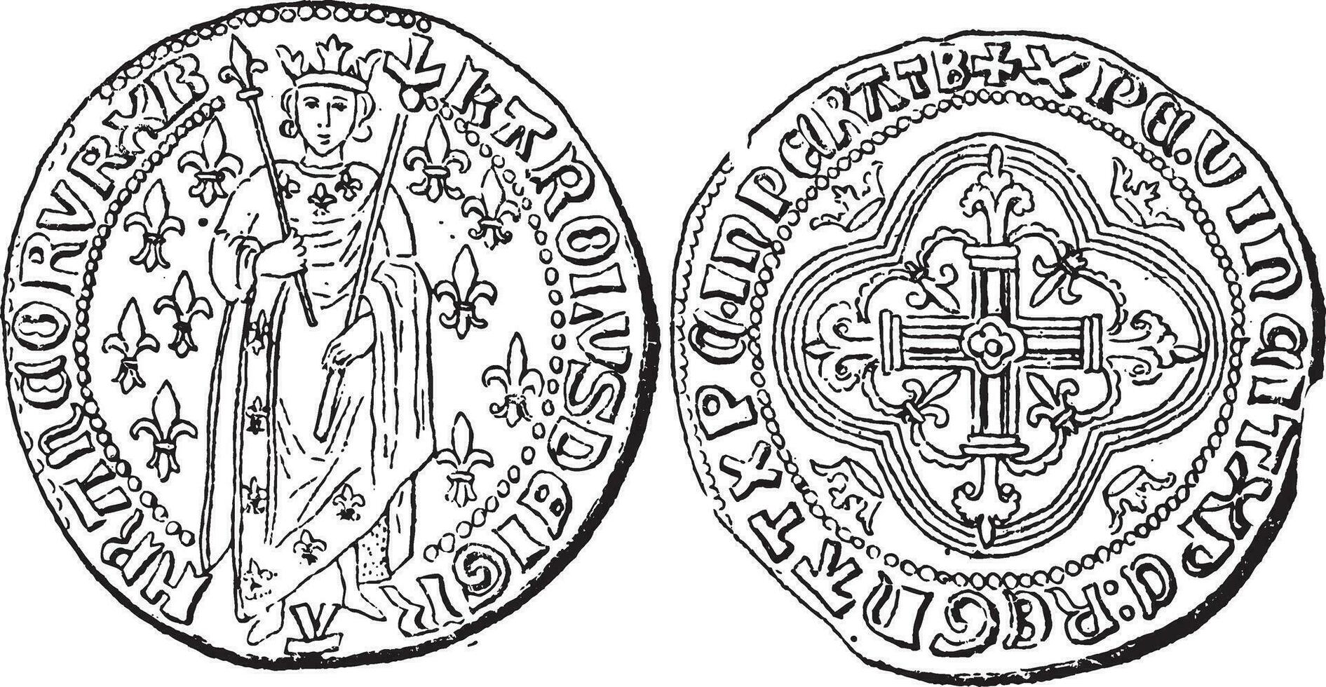 pièce de monnaie monnaie, Charles vii de France, ancien gravure vecteur
