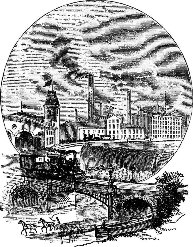 usine près rivière train des pistes, ancien illustration. vecteur