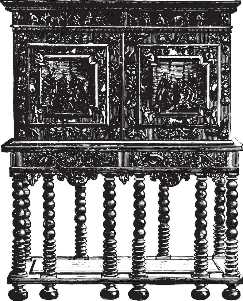 Bureau meubles sur foi table ébène seizième siècle marteau musée dans Stockholm, ancien gravure. vecteur