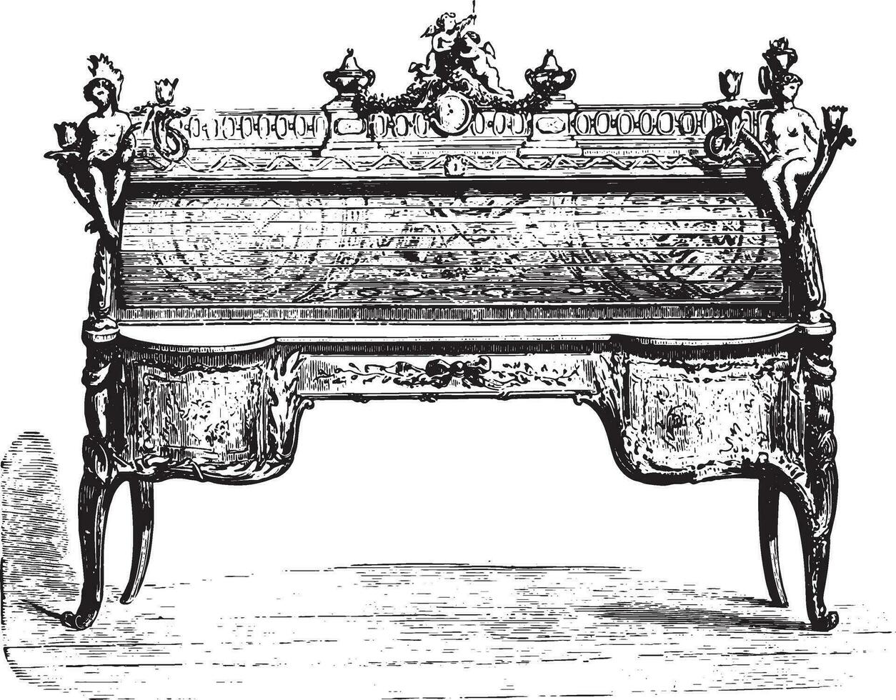 Bureau cylindre incrusté Louis xv persienne, ancien gravure. vecteur